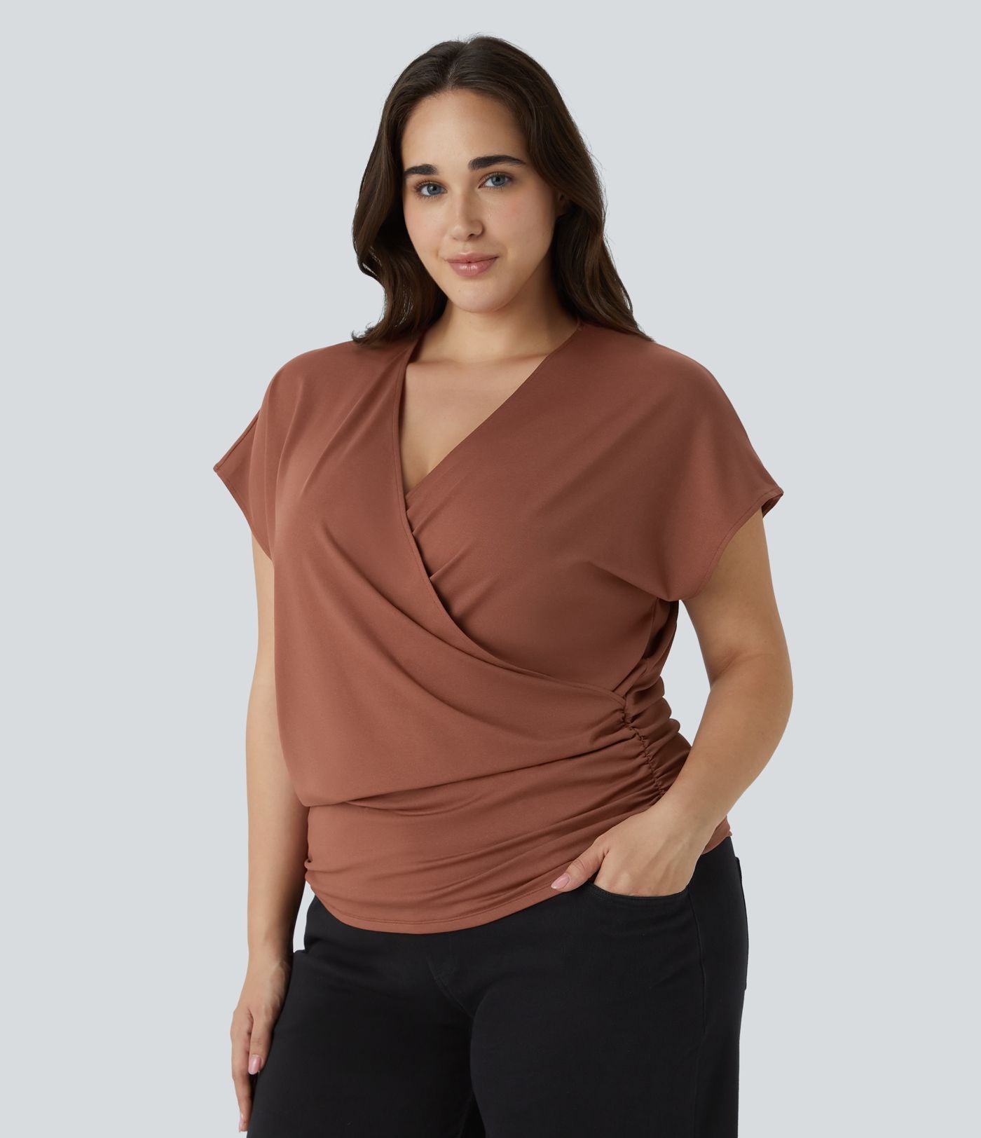 Blouse Travail Unie Froncée Croisée Manches Courtes Col en V Grande Taille