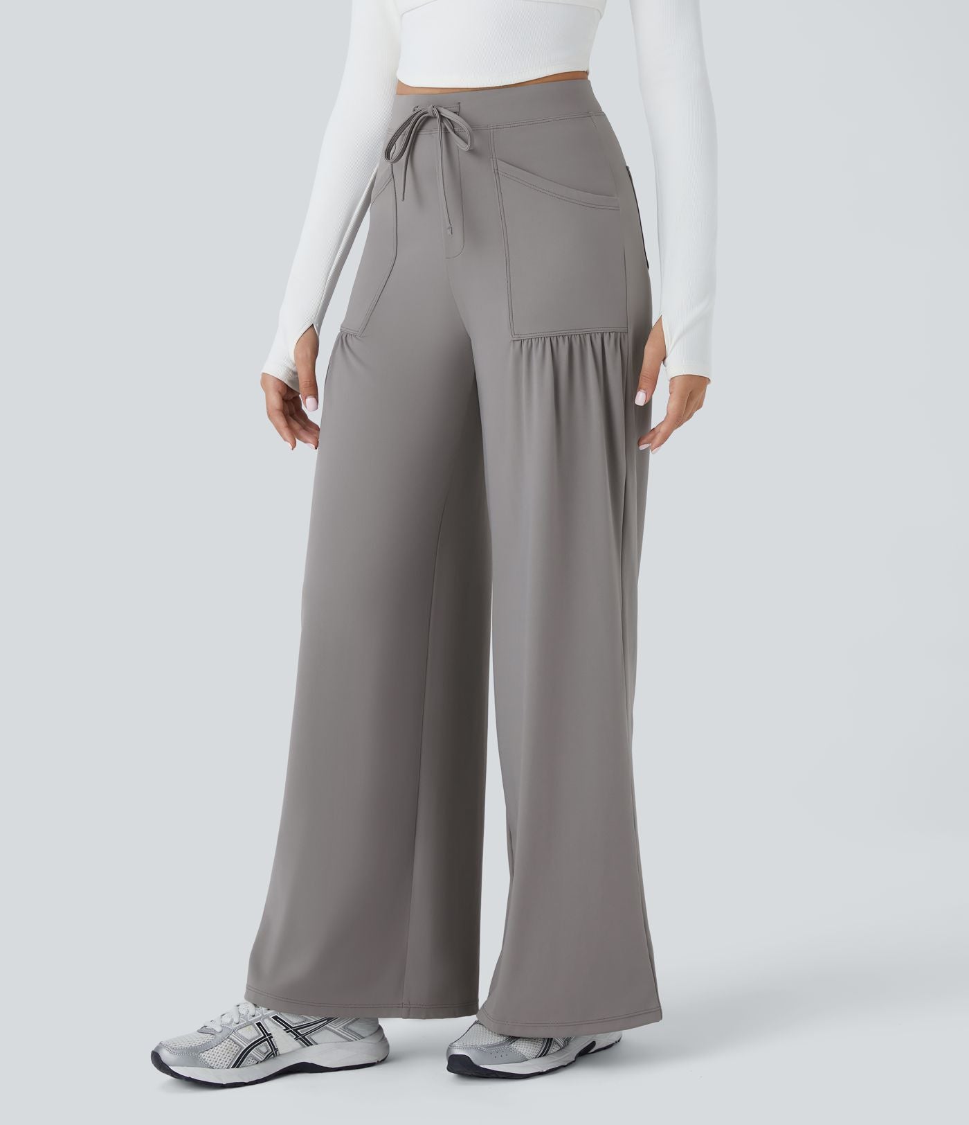 Pantalon Large Yoga Taille Haute avec Cordon de Serrage Plusieurs Poches et Plis