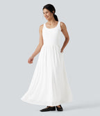 Robe maxi fluide sans manches à encolure U, superposition en mesh, poches et coussinets amovibles
