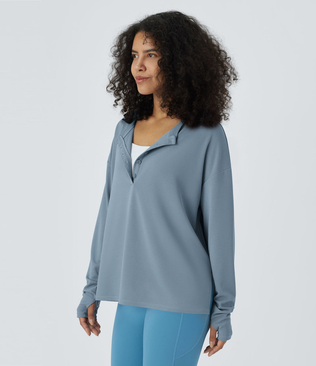 Sweatshirt Casual Waffle à Boutons Devant avec Trou Pouce et Fente