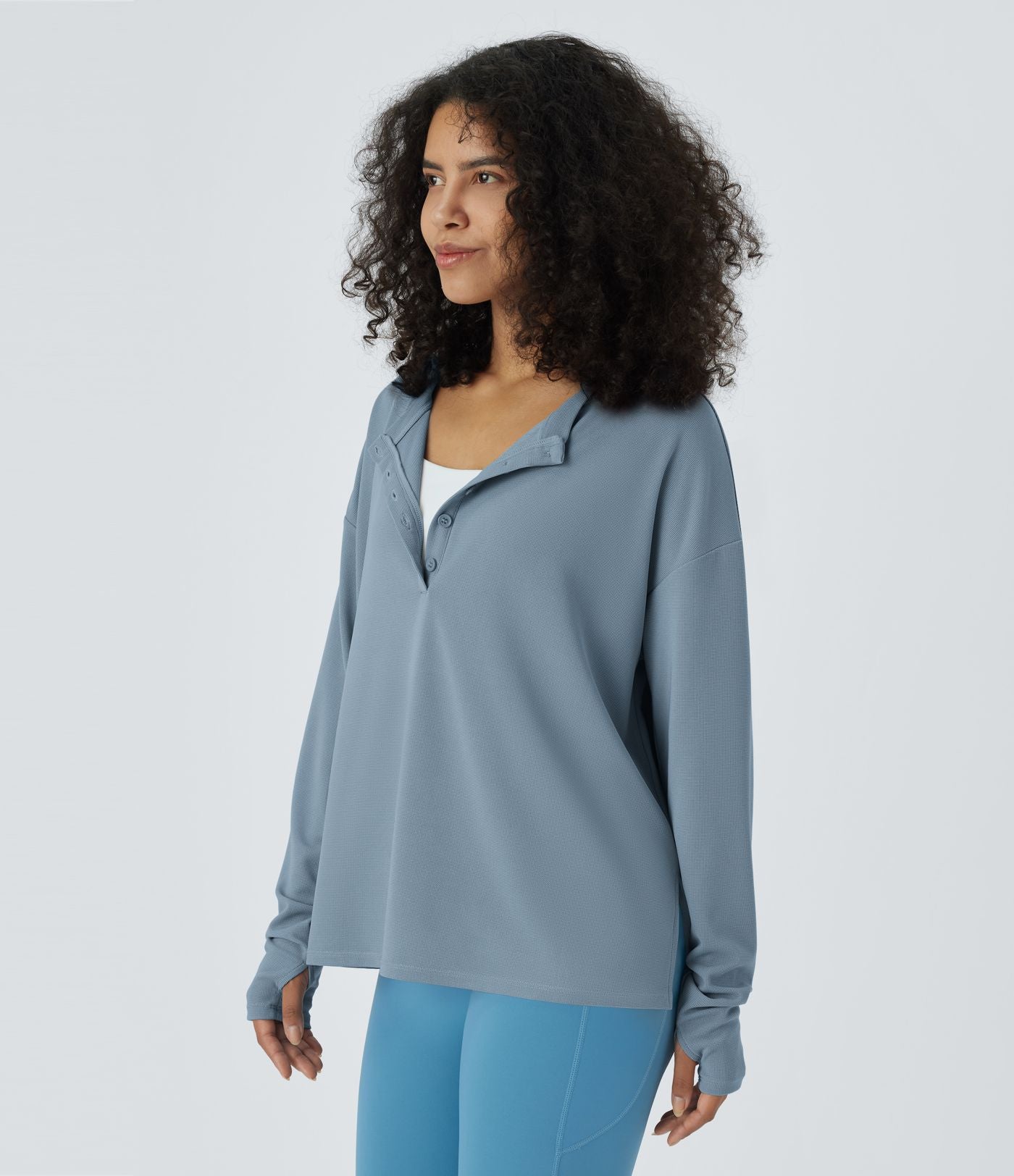 Sweatshirt Casual Waffle à Boutons Devant avec Trou Pouce et Fente
