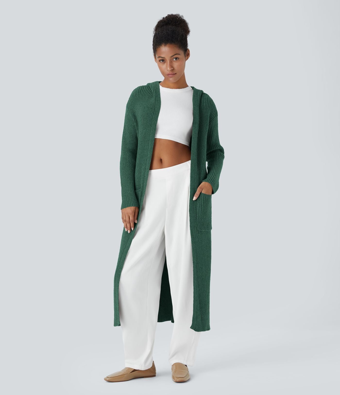Cardigan long casual à capuche, manches longues et poches