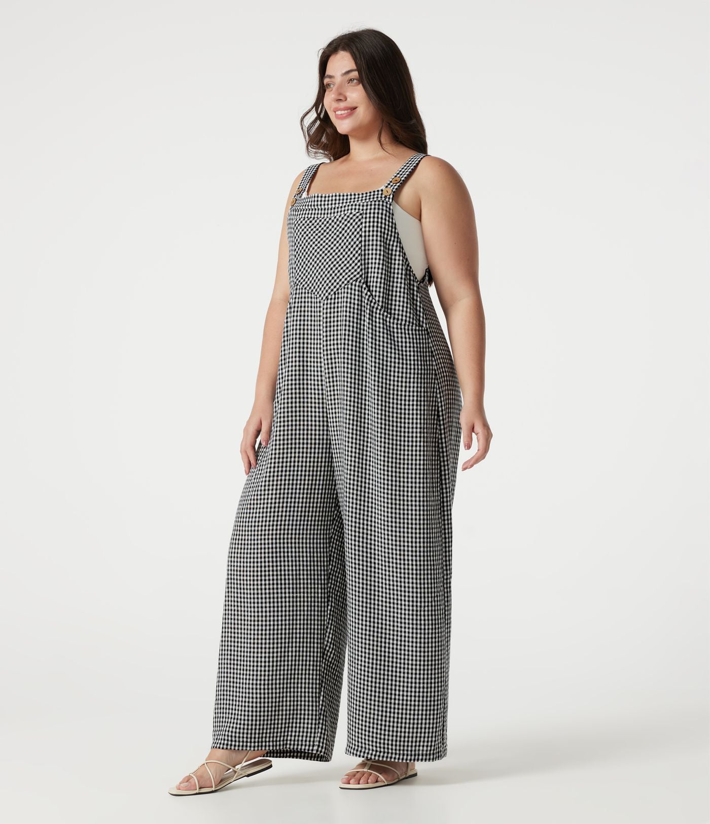 Salopette grande taille effet lin à carreaux avec poches