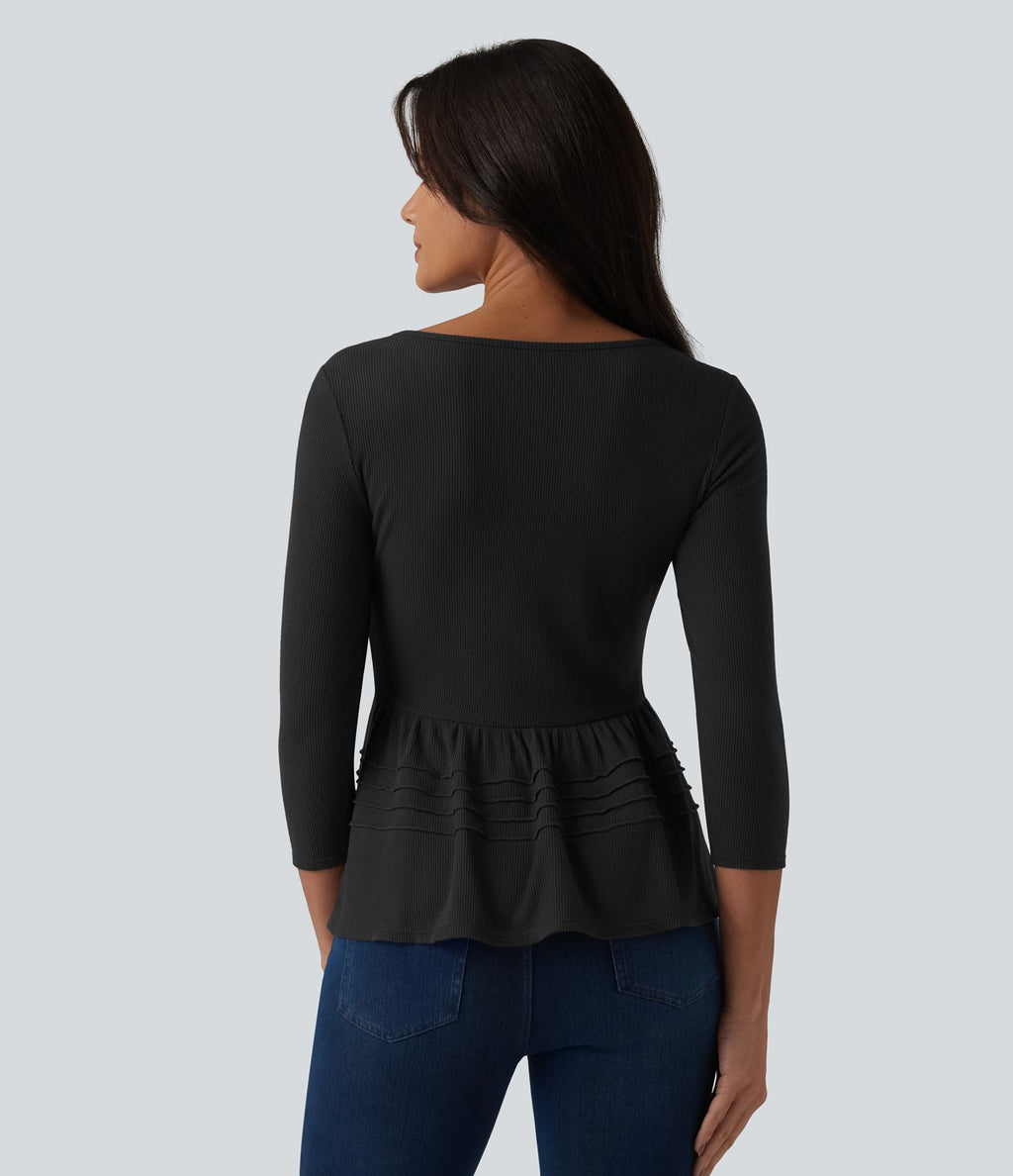 Haut babydoll décontracté en maille côtelée col en U manches 3/4