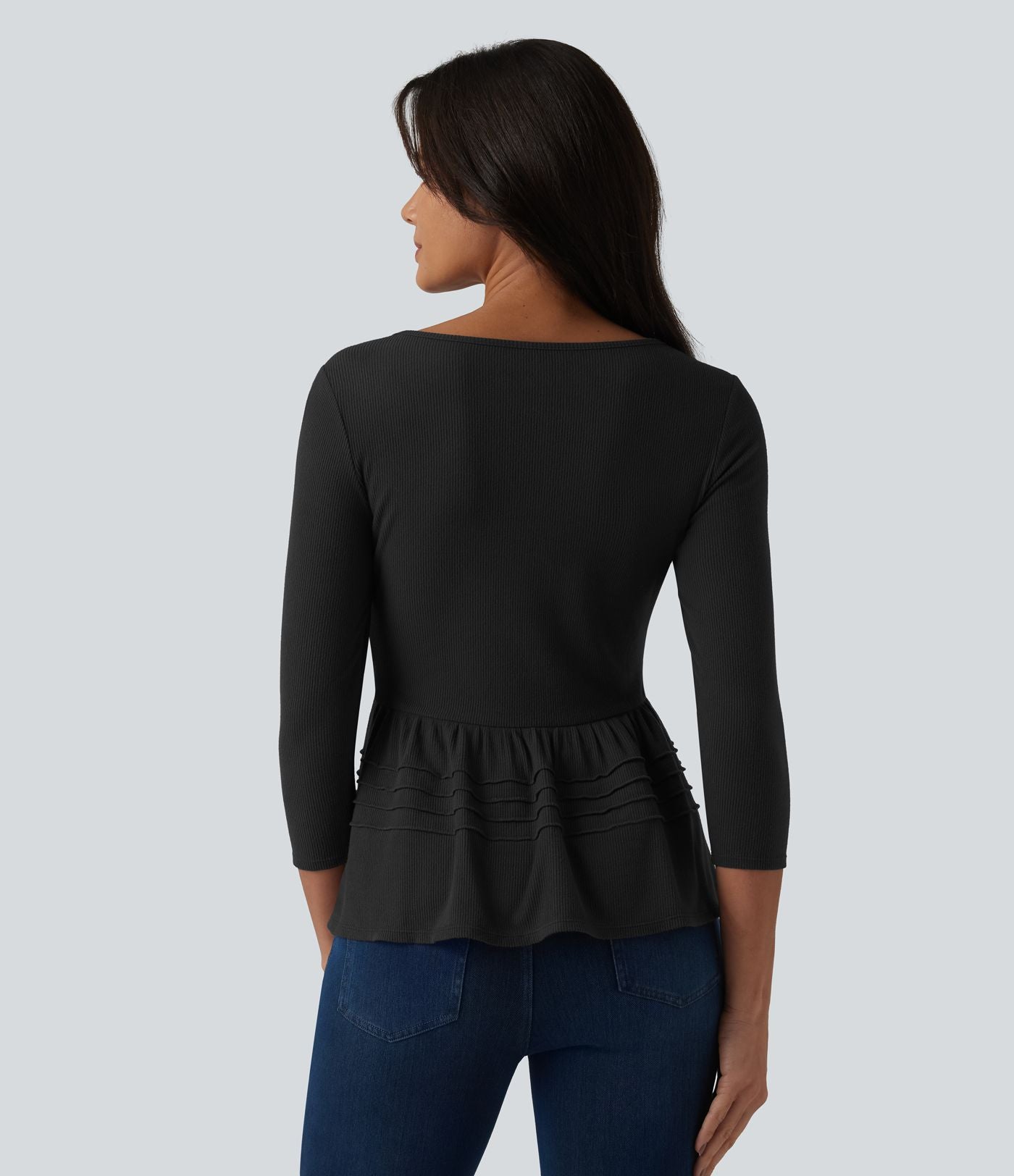 Haut babydoll décontracté en maille côtelée col en U manches 3/4