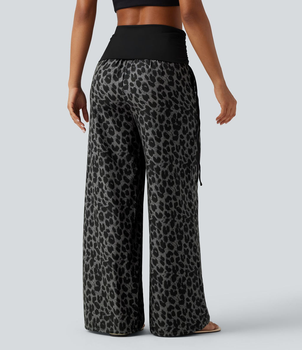 Pantalon baggy casual à imprimé léopard taille haute à revers avec fronces, cordon et poches