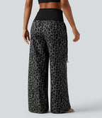 Pantalon baggy casual à imprimé léopard taille haute à revers avec fronces, cordon et poches