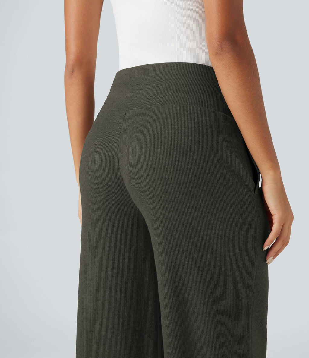 Pantalon jogging large décontracté côtelé gainant taille haute avec cordon de serrage et poches