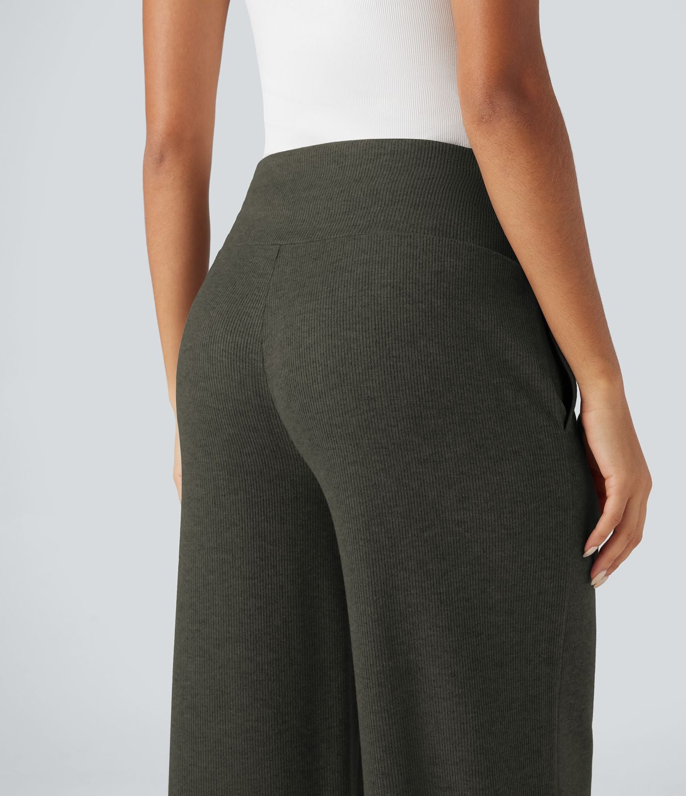 Pantalon jogging large décontracté côtelé gainant taille haute avec cordon de serrage et poches