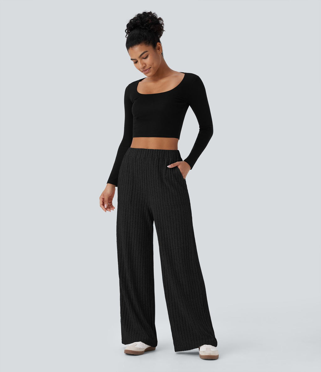 Pantalon large décontracté côtelé taille haute avec poches multiples