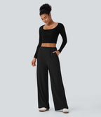 Pantalon large décontracté côtelé taille haute avec poches multiples