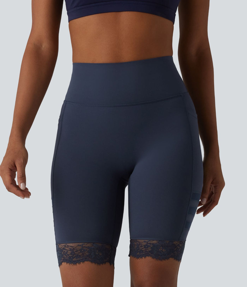 Halara UltraSculpt™ Short de cycliste gainant taille haute en mesh respirant avec dentelle contrastée et poches — 23 cm