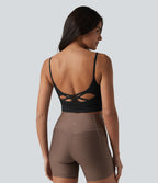 Brassière de sport de yoga en maille côtelée col U, maintien léger et soutien-gorge intégré