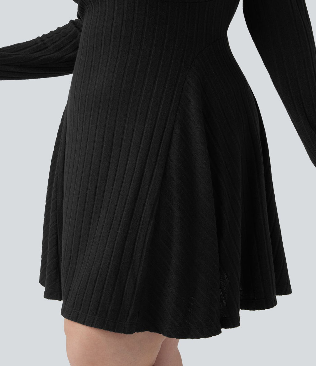 Robe mini évasée grande taille col V en maille côtelée à manches longues