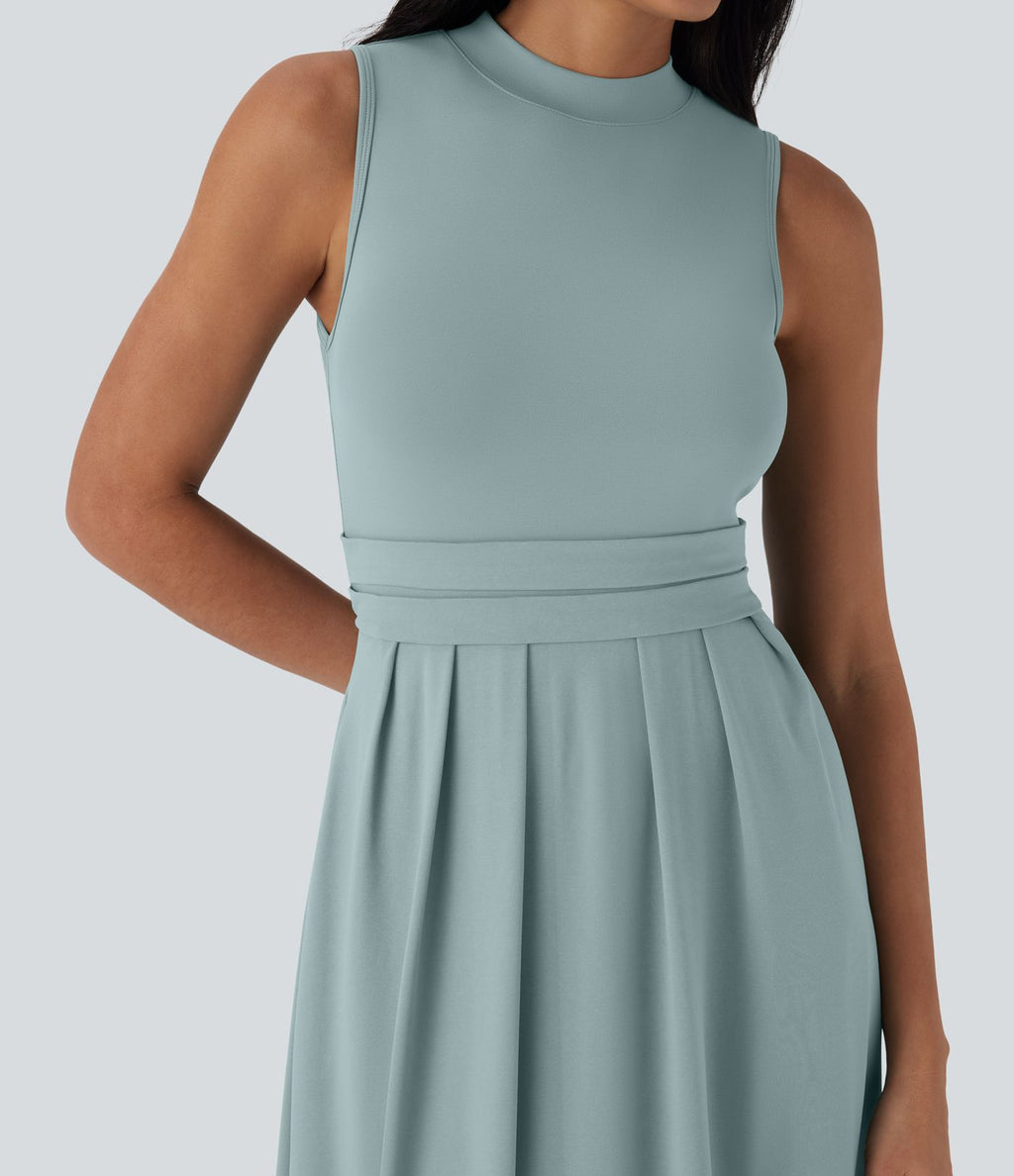 Robe longue décontractée sans manches à col montant, coupe évasée et poches latérales