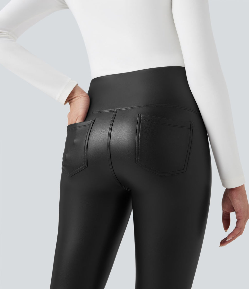 Pantalon 7/8 moulant décontracté polaire gainant taille haute extensible effet cuir avec poches