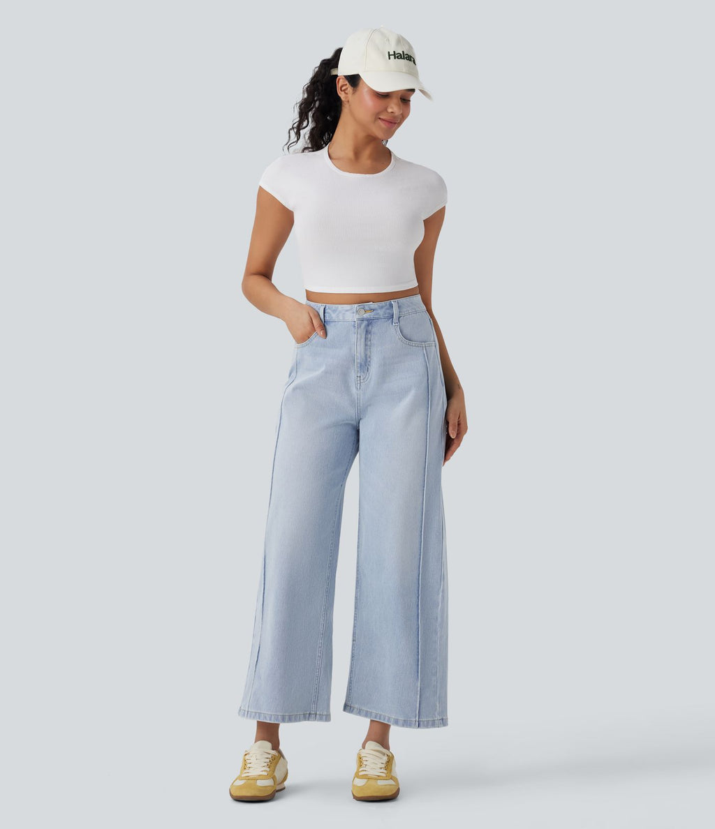 Jean 7/8 baggy décontracté délavé taille haute avec poches Halara Flex™