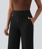 Pantalon casual bootcut gainant taille haute à cordon de serrage en maille côtelée avec poches