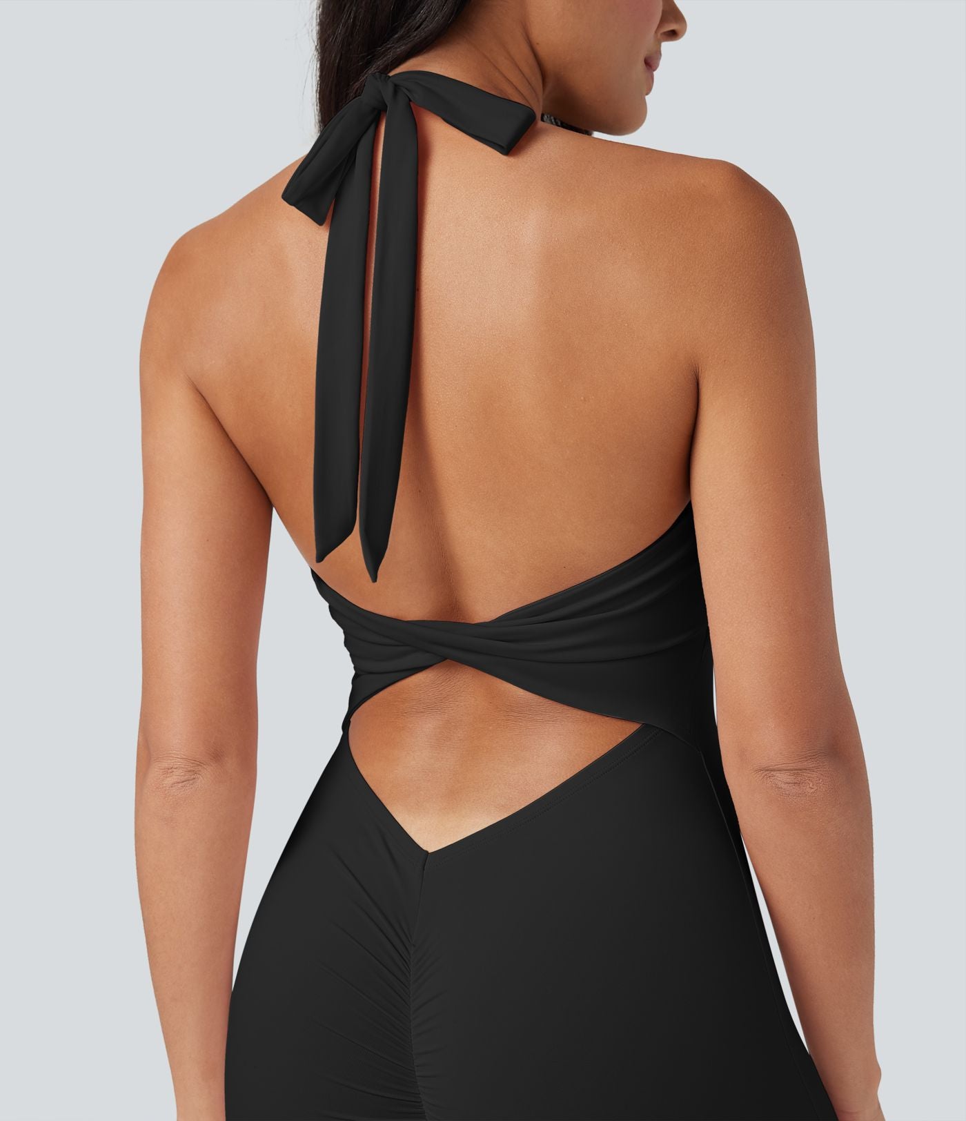 Combinaison de yoga moulante SoftlyZero™ aérée dos-nu dos noué à découpes et fronces