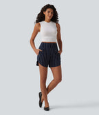 Short casual taille haute ourlet arrondi rayures avec poches