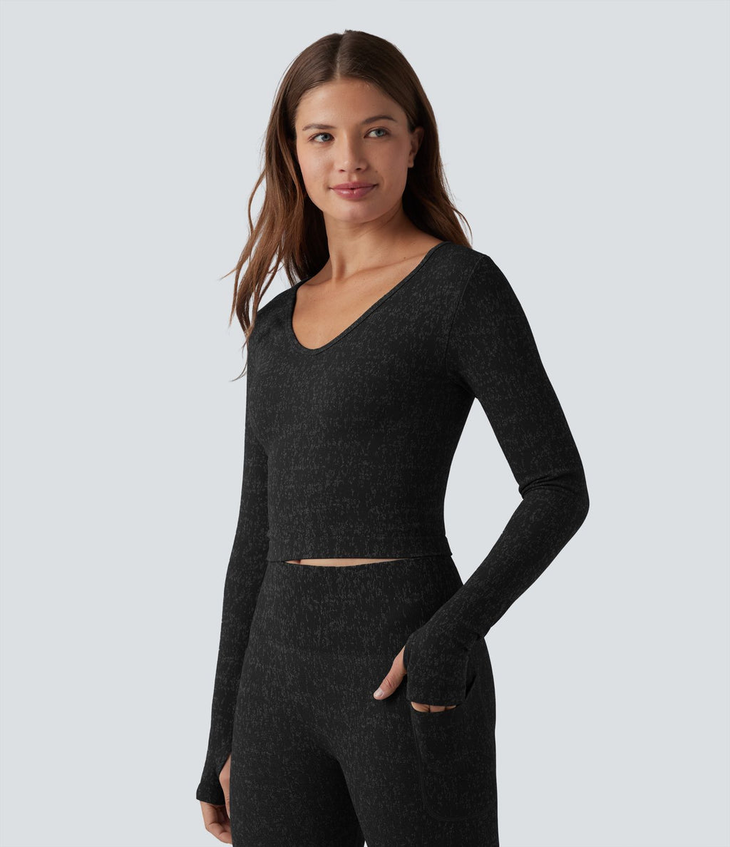 Top de sport yoga court OneForm Seamless Flow col V à manches longues avec passage de pouce