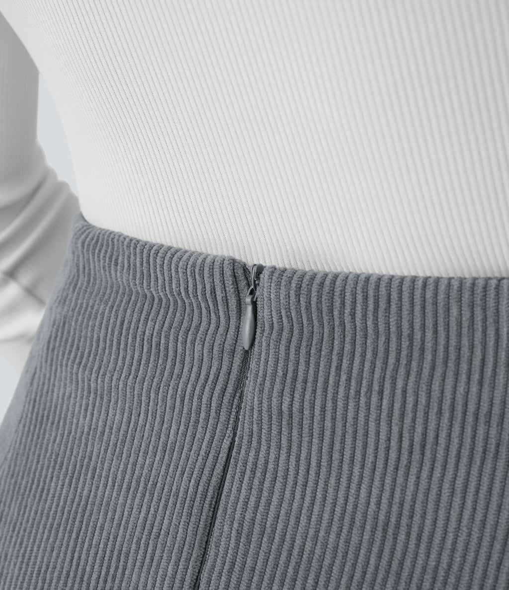 Mini-Jupe Casual en Velours Côtelé 2 en 1 Fermeture Éclair Invisible Taille Haute