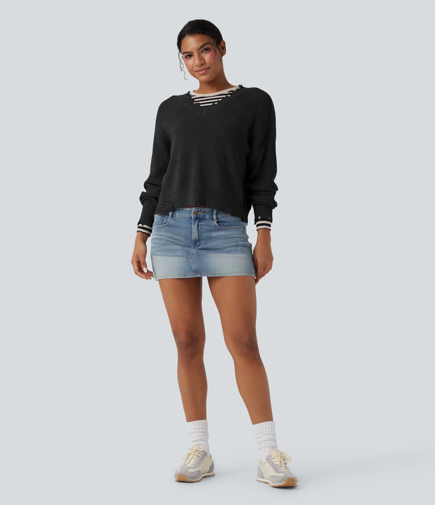 Pull casual col V délavé manches longues