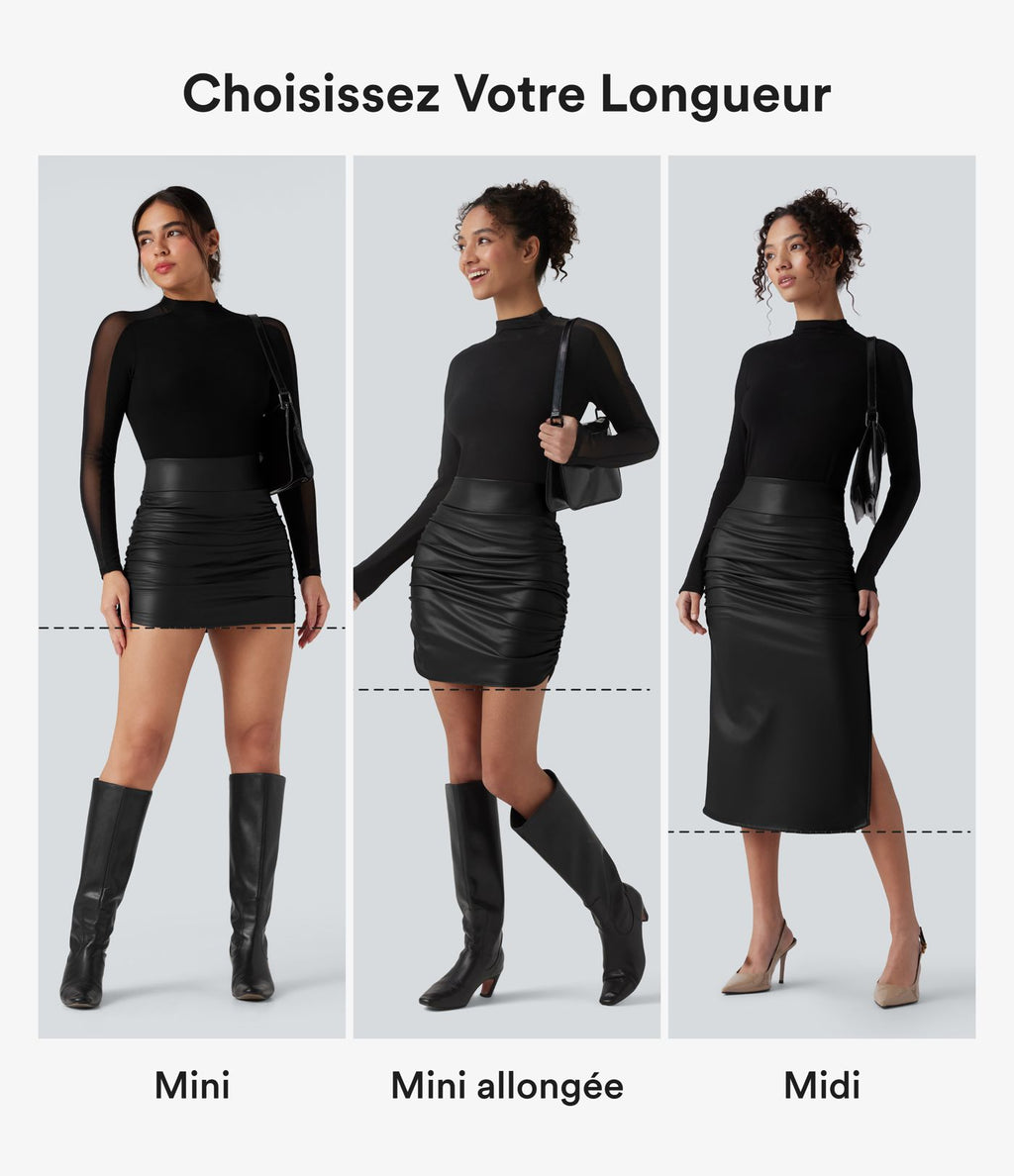 Jupe mini moulante 2-en-1 en molleton et tissu enduit taille haute gainante avec fronces et ourlet arrondi - Longueur plus longue