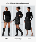 Jupe mini moulante 2-en-1 en molleton et tissu enduit taille haute gainante avec fronces et ourlet arrondi - Longueur plus longue