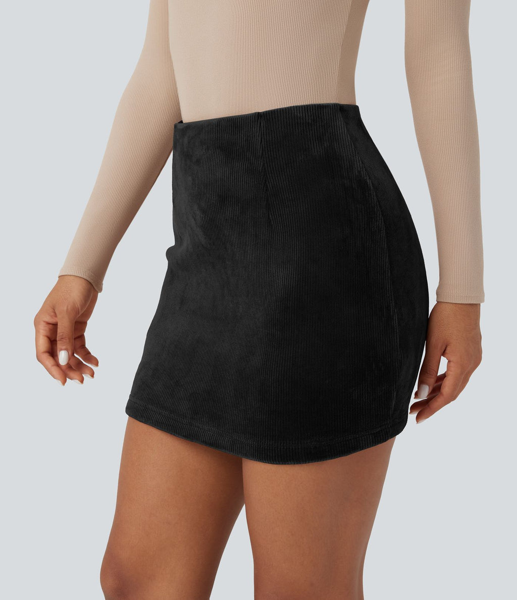 Jupe courte moulante décontractée velours côtelé taille haute gainant effet push-up avec poches