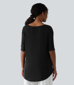 T-shirt décontracté long en maille côtelée col rond échancré, manches mi-longues et ourlet courbe