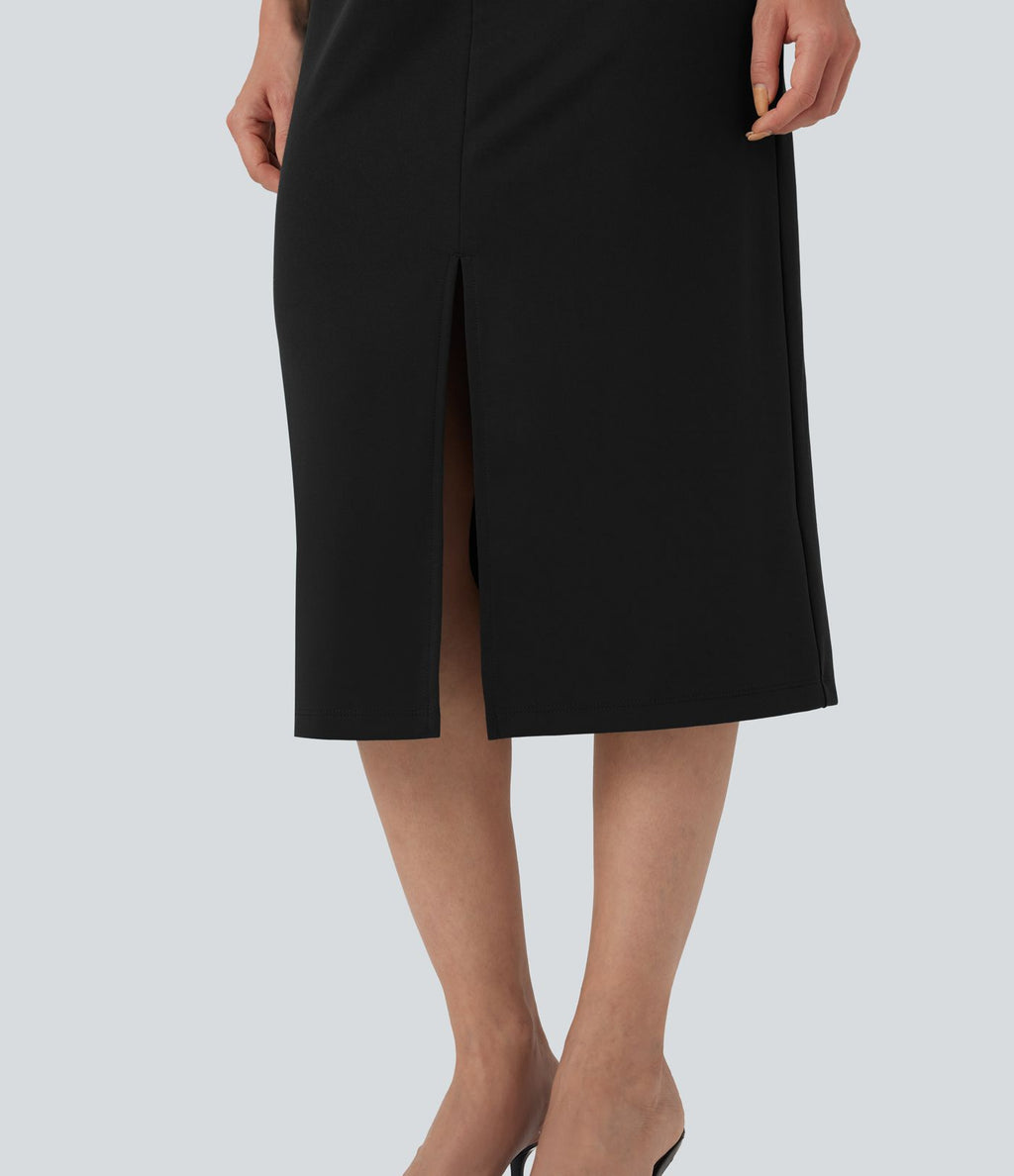 Robe tailleur décolleté arrondi manches courtes avec fente