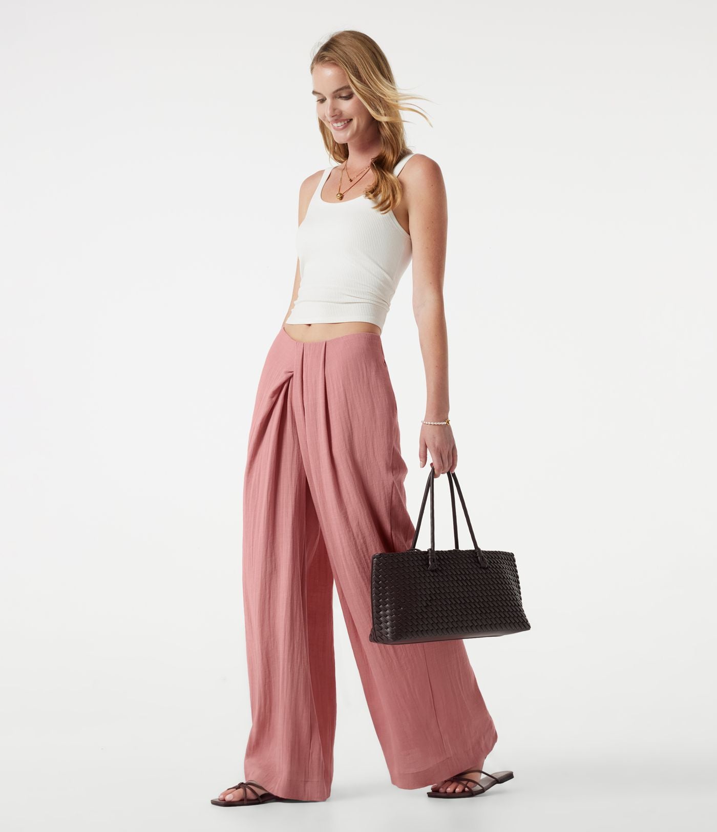 Pantalon ample décontracté effet lin, taille moyenne, à poches
