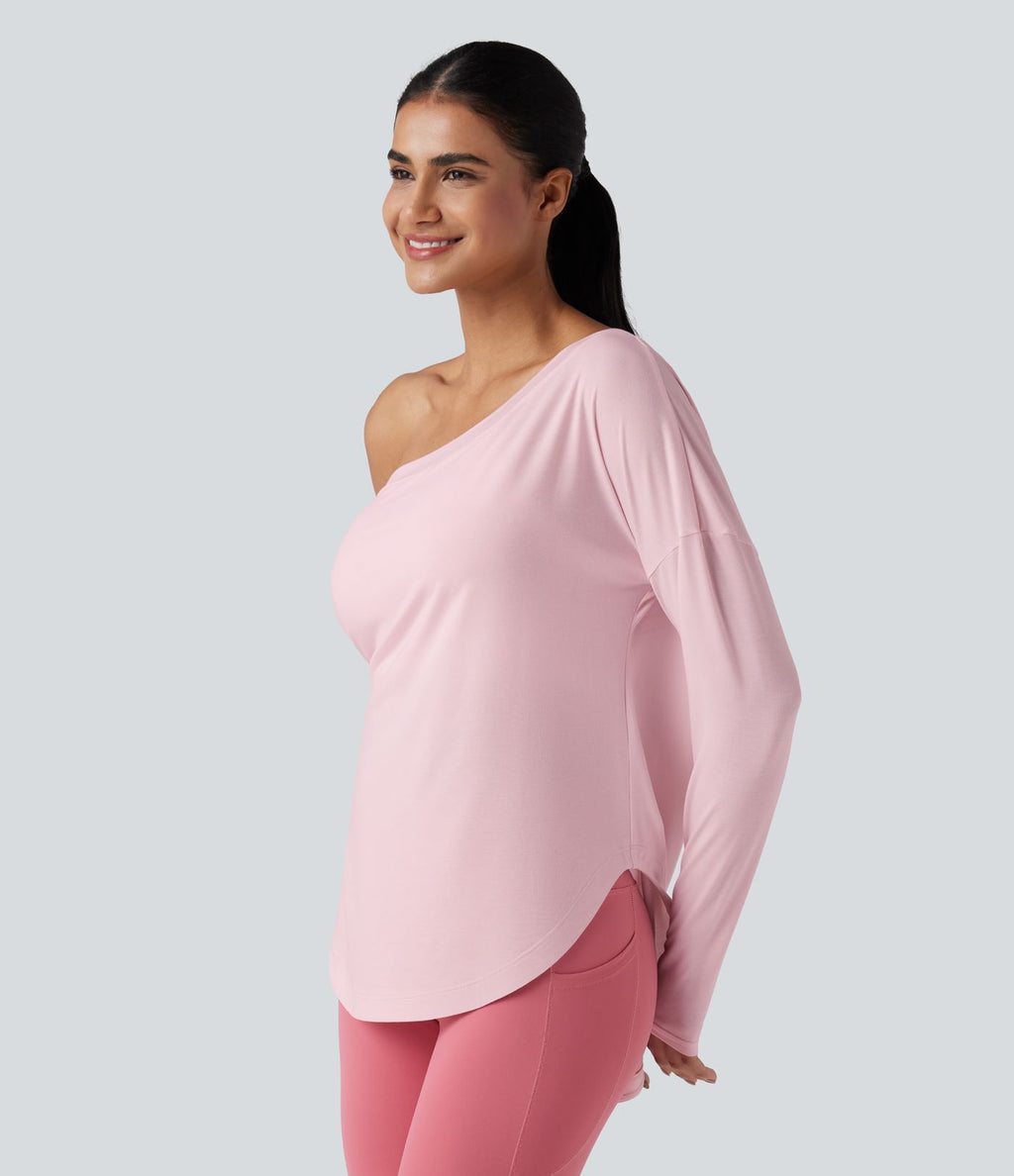 Top de sport yoga une épaule séchage rapide ourlet arrondi asymétrique manches longues avec trous pouces - Brassière intégrée