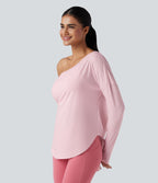 Top de sport yoga une épaule séchage rapide ourlet arrondi asymétrique manches longues avec trous pouces - Brassière intégrée
