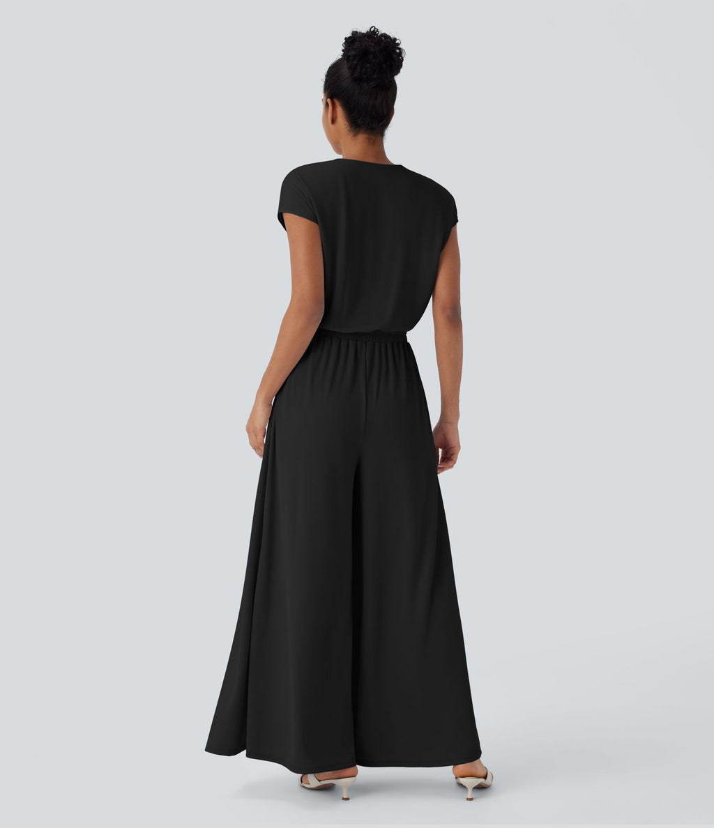 Combinaison fluide en tissu gaufré, col V, manches courtes, jambes larges et poches latérales - Easy Peasy Edition