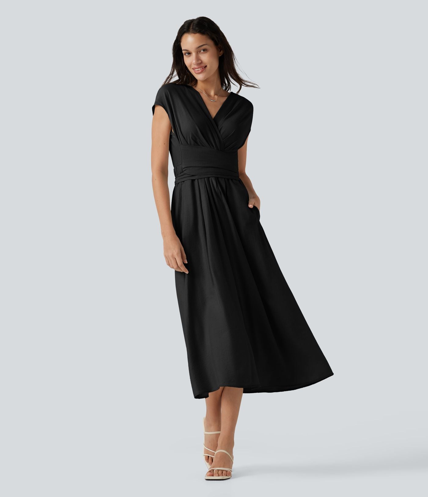 Robe midi casual fluide en mélange de lin col V à manches courtes avec dos noué et poches