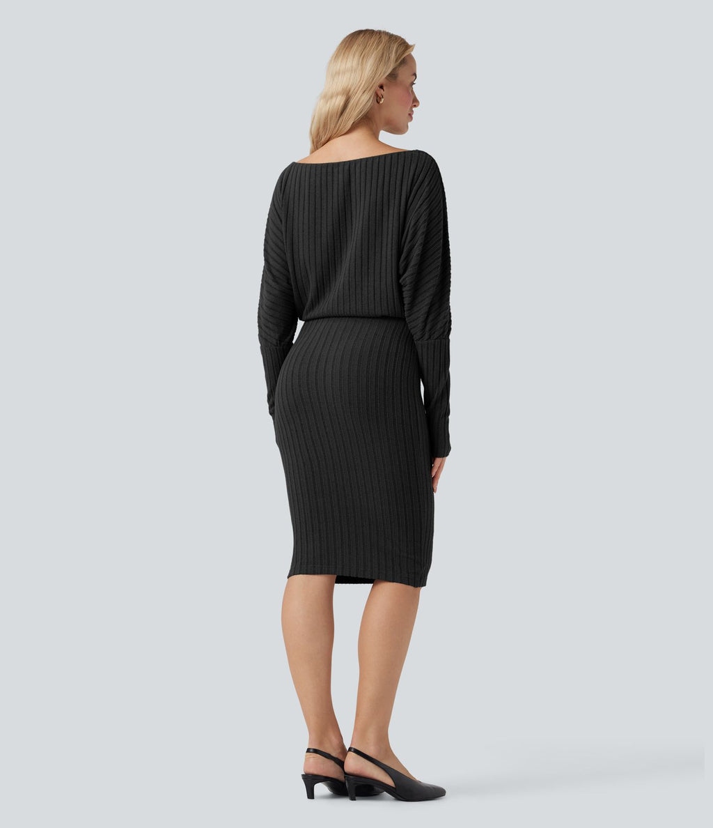 Robe de mi-longue moulante décontractée maille côtelée épaules dénudées manches chauve-souris