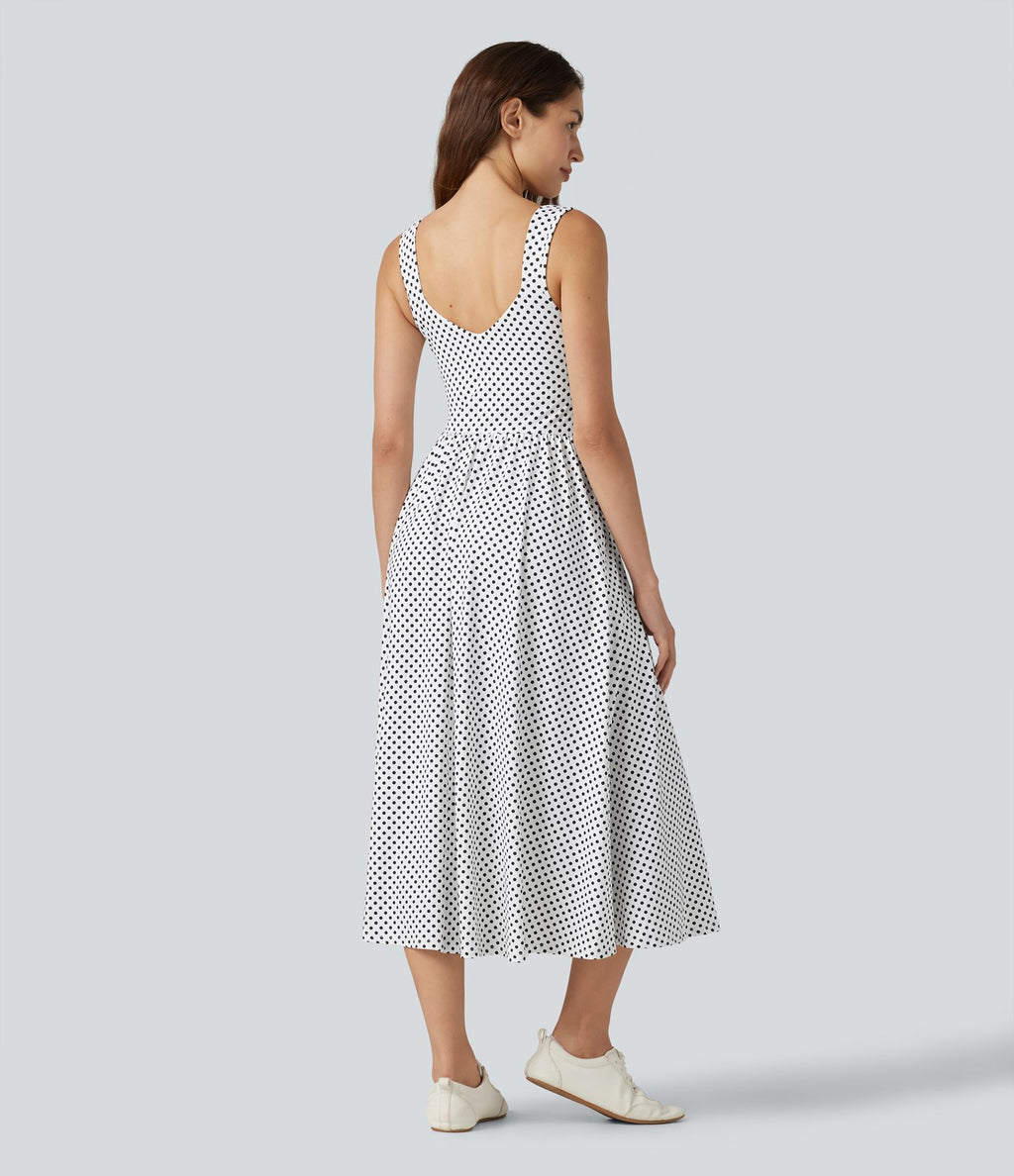 Robe fluide décontractée midi sans manches dos nu croisée à pois avec poches