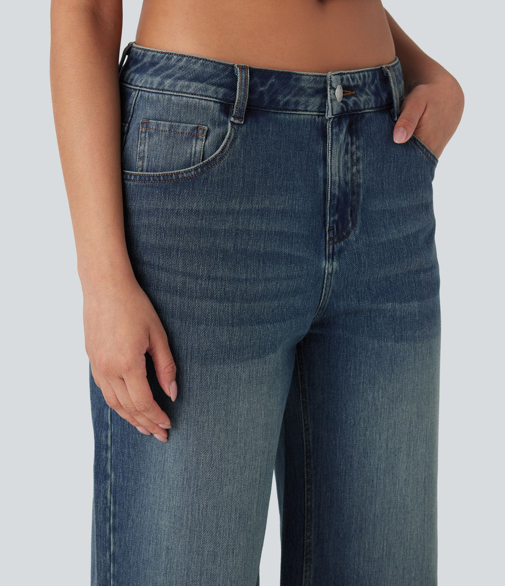 Jean capri décontracté Halara Flex™ baggy taille basse en maille extensible délavée avec poches
