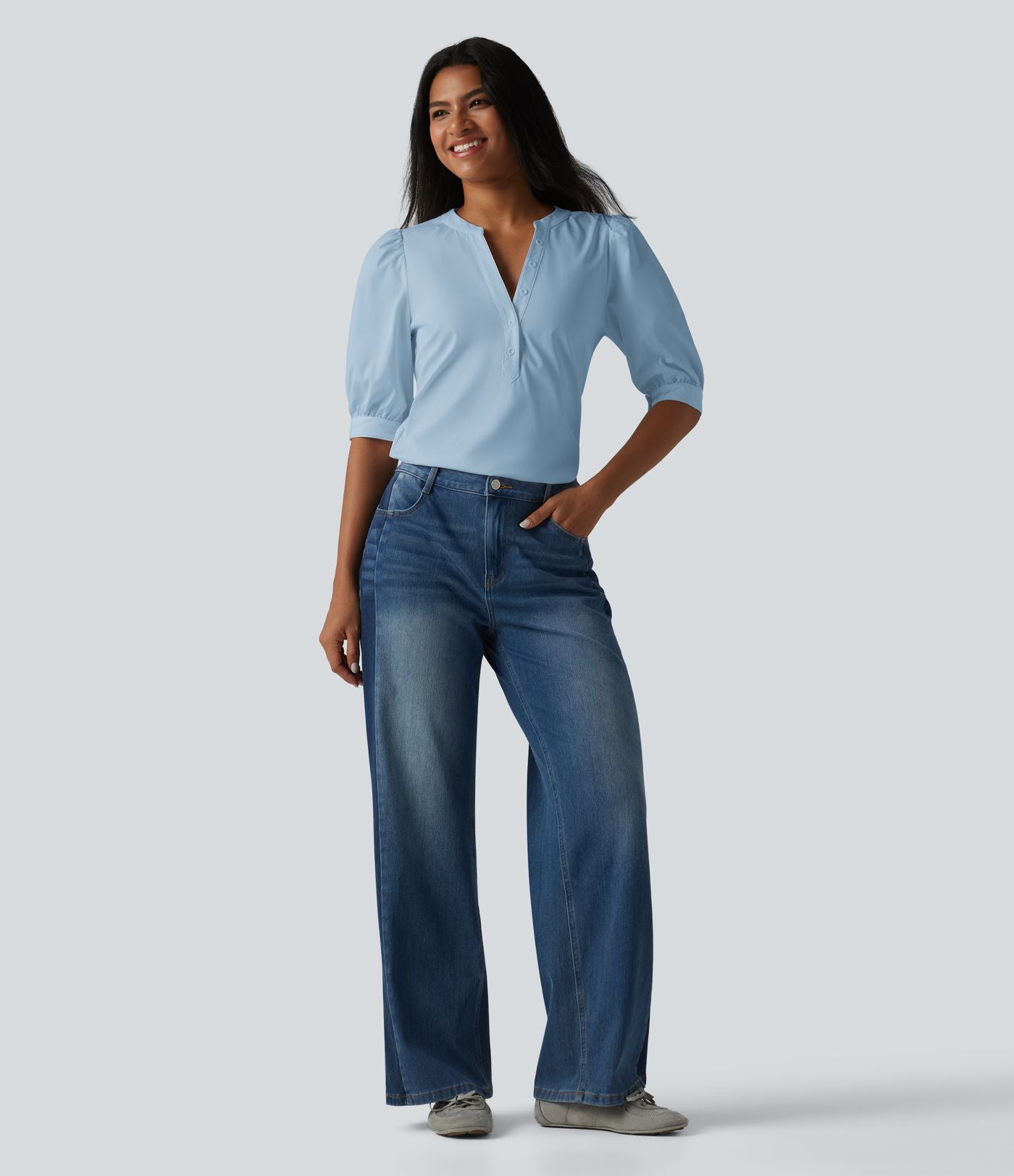 Blouse décontractée col Henley manches bouffantes mi-longues