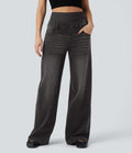 Jean large délavé Halara Flex™ taille haute gainant avec poches