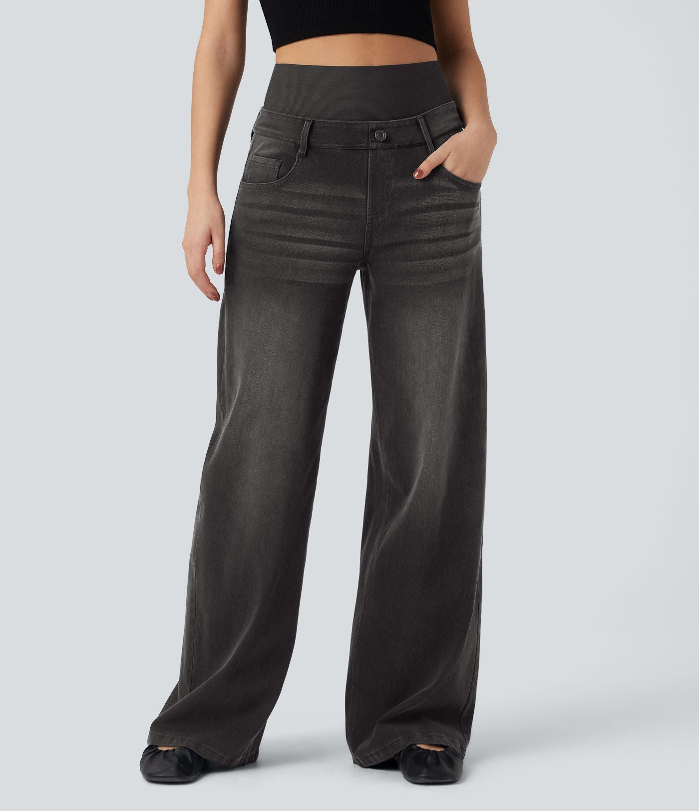 Jean large délavé Halara Flex™ taille haute gainant avec poches