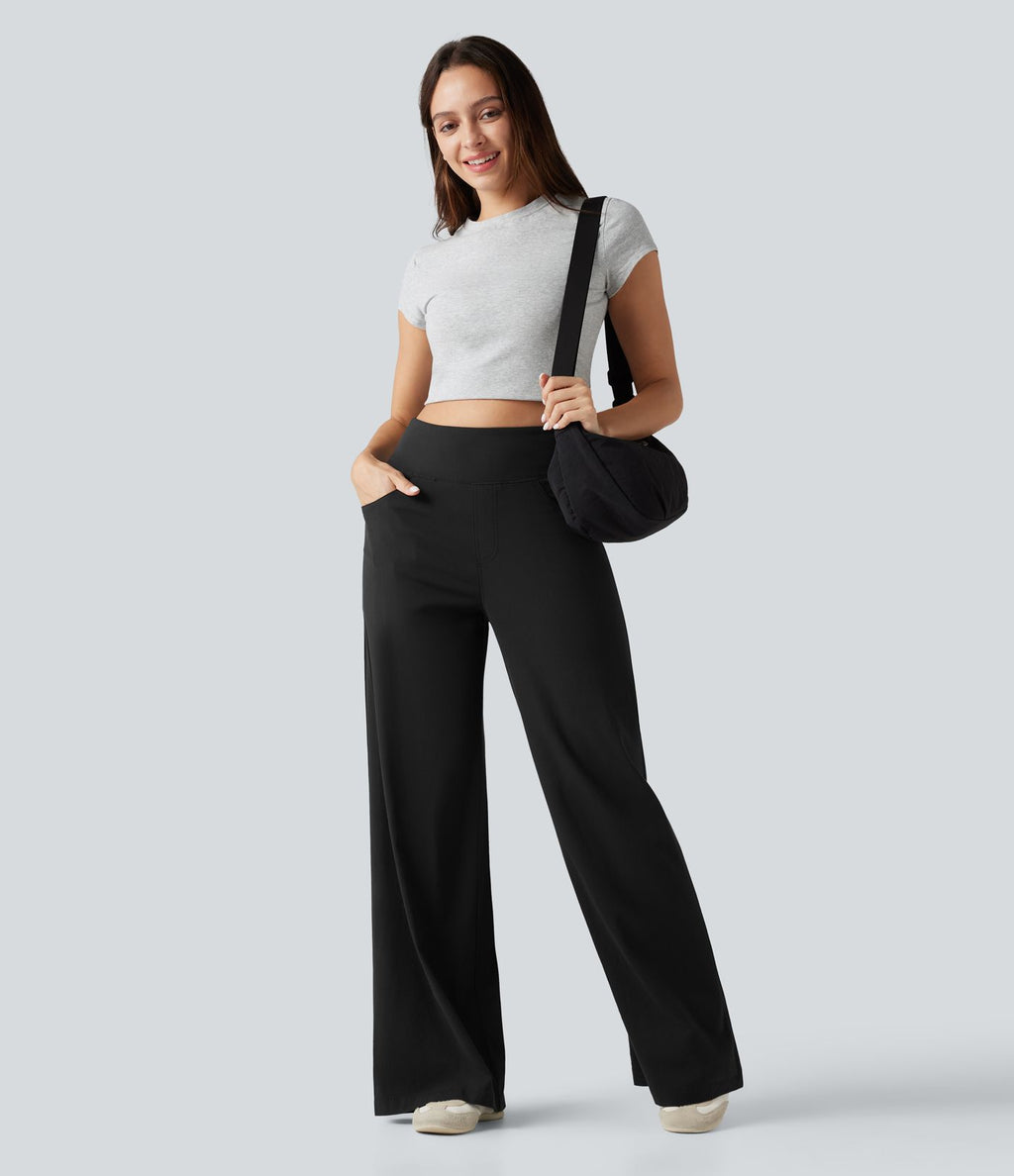 Pantalon large fluide décontracté en lin stretch taille haute gainant avec poches