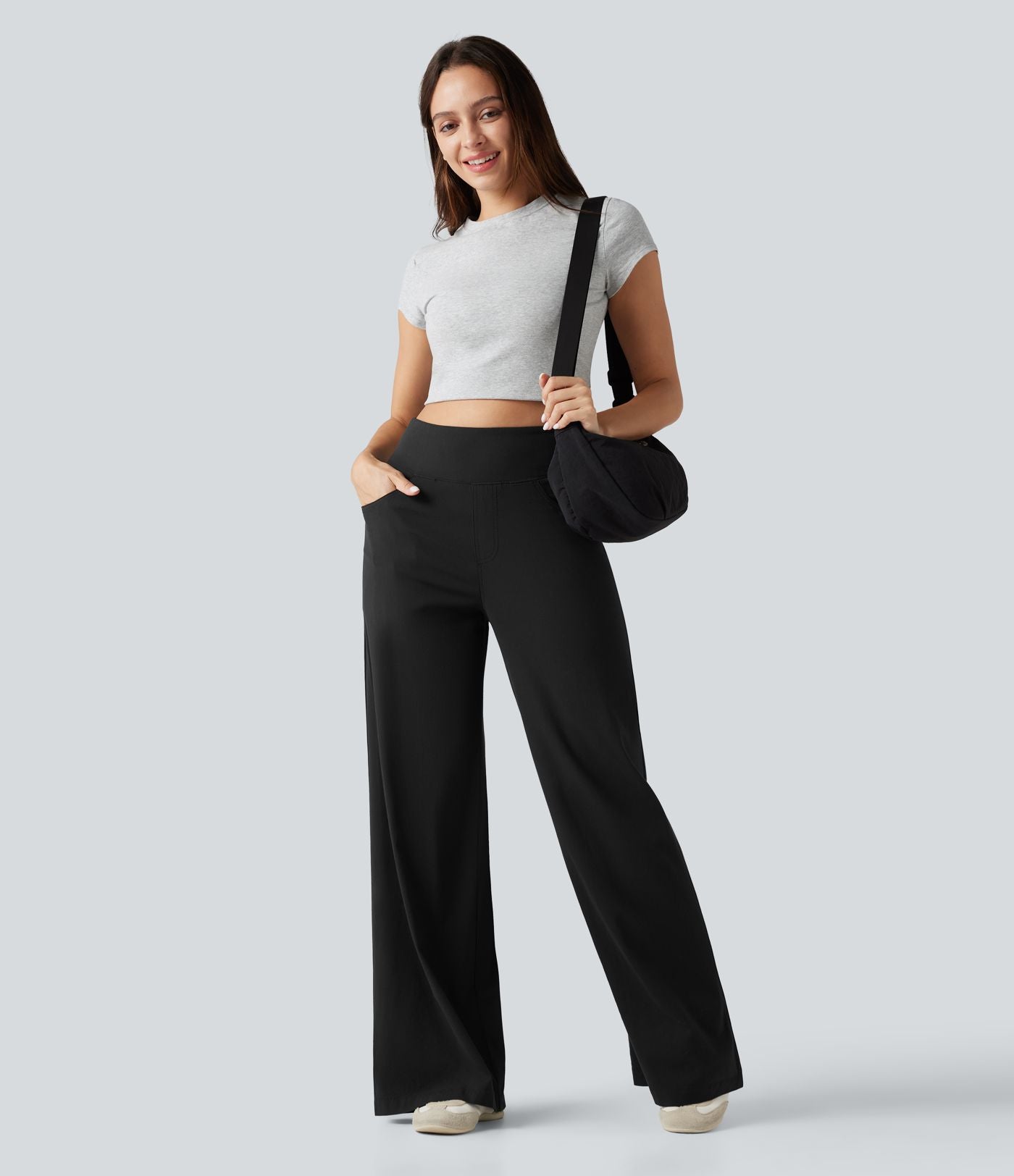 Pantalon large fluide décontracté en lin stretch taille haute gainant avec poches