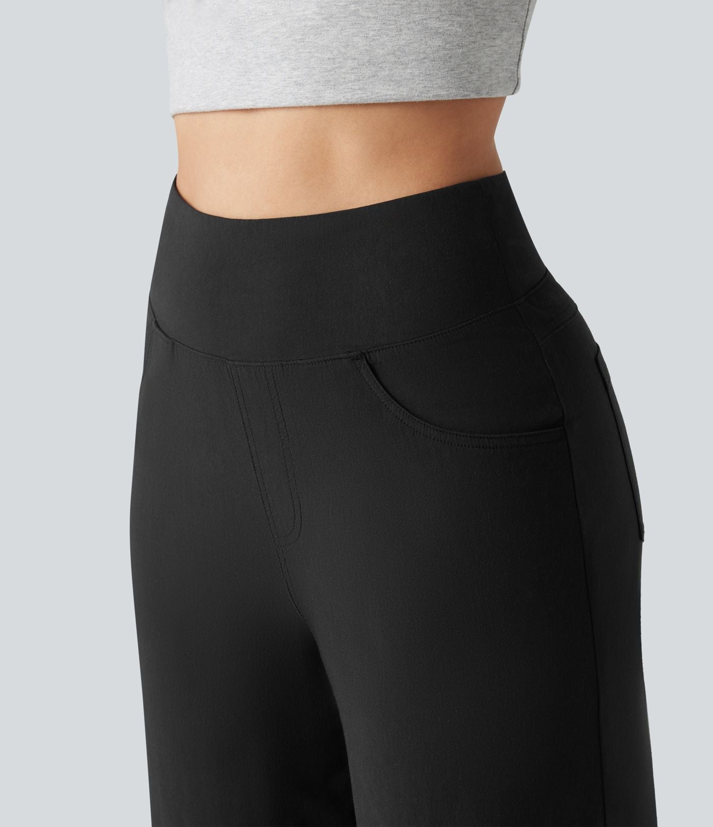 Pantalon large fluide décontracté en lin stretch taille haute gainant avec poches