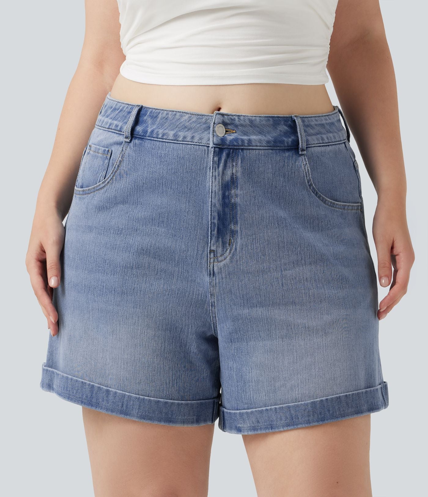 Short jean grande taille Halara Flex™ Denim casual taille mi-haute, ourlets retroussés, avec poches, 12,7 cm