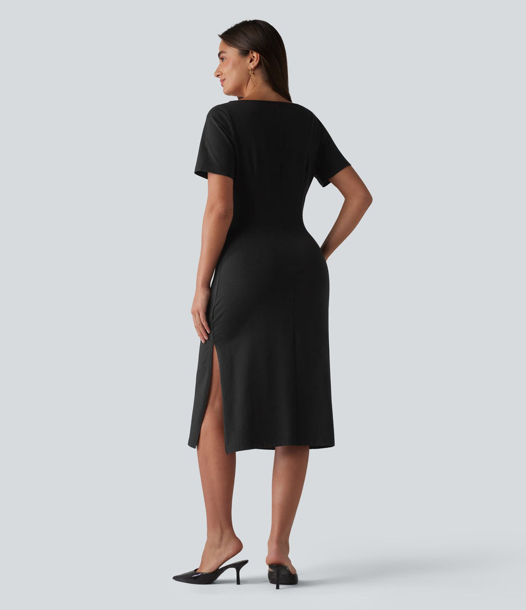 Halara Flex™ Robe casual mi-longue en jean col bateau à manches courtes, froncée avec fente