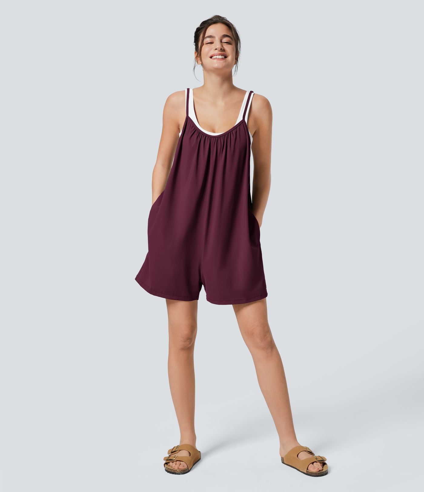 Combinaison Large Casual à Jambes Larges Solide avec Fines Bretelles Réglables Poches Latérales Plissées