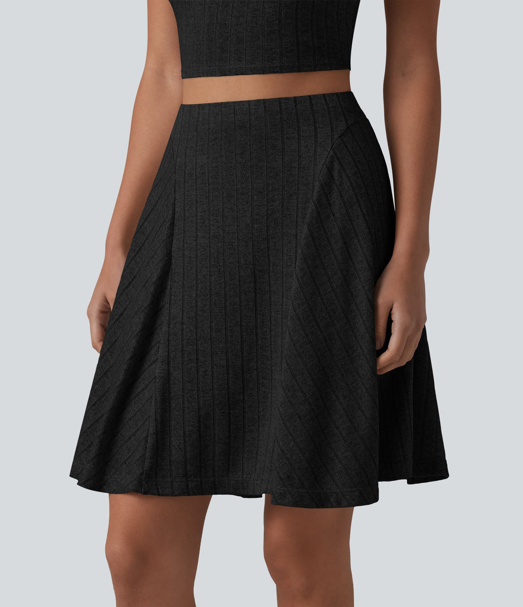 Jupe mini évasée casual 2 en 1 en maille côtelée taille haute avec poches